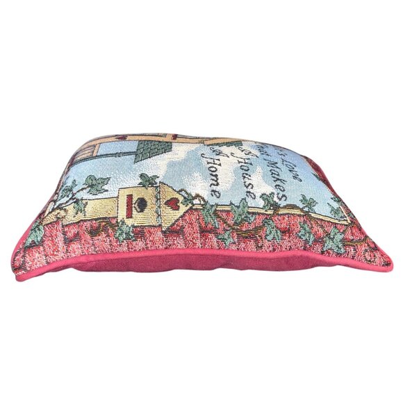 Vtg Tapestry Throw Pillow Birdhouse Hearts Cottagecore 11" x 8" - Picture 3 of 6